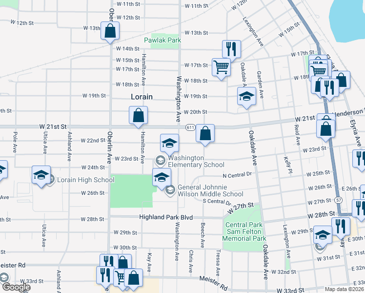 map of restaurants, bars, coffee shops, grocery stores, and more near 943 West 22nd Street in Lorain