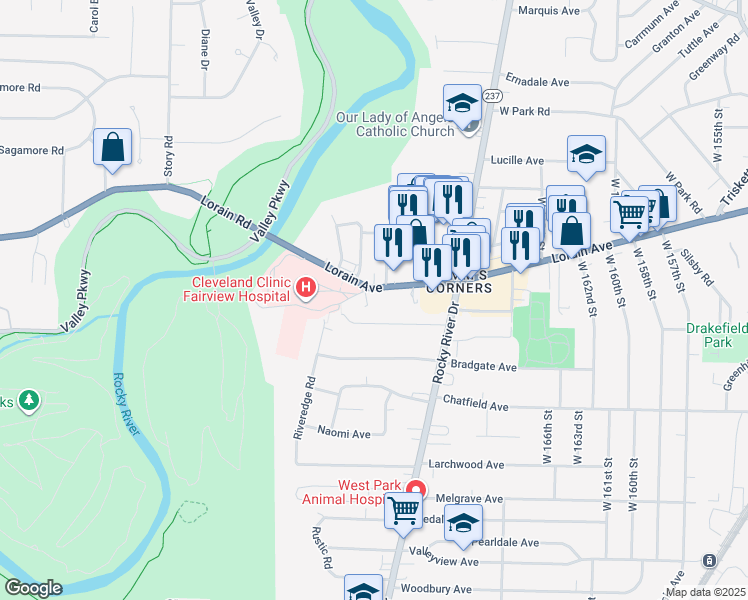 map of restaurants, bars, coffee shops, grocery stores, and more near 17615 Lorain Avenue in Cleveland