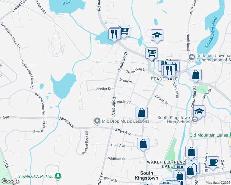 map of restaurants, bars, coffee shops, grocery stores, and more near 137 Rodman Street in South Kingstown