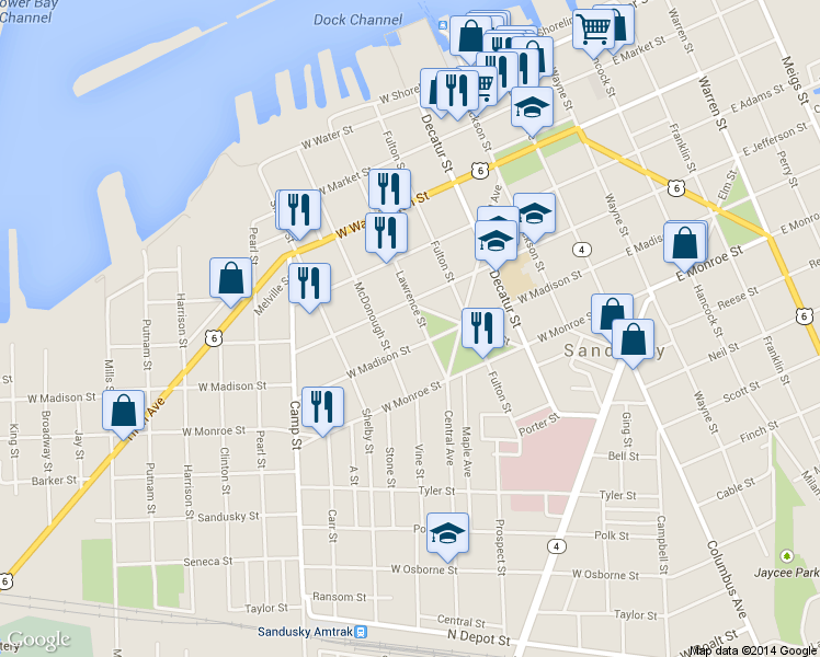 map of restaurants, bars, coffee shops, grocery stores, and more near 521 Lawrence Street in Sandusky