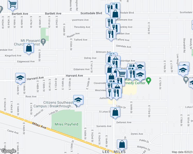 map of restaurants, bars, coffee shops, grocery stores, and more near 16124 Harvard Avenue in Cleveland