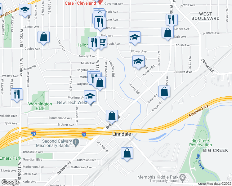 map of restaurants, bars, coffee shops, grocery stores, and more near 11411 Kensington Avenue in Cleveland