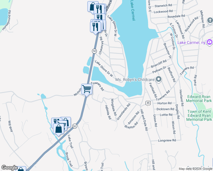 map of restaurants, bars, coffee shops, grocery stores, and more near 19 Teatown Court in Carmel Hamlet
