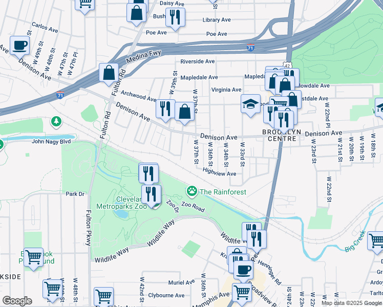 map of restaurants, bars, coffee shops, grocery stores, and more near 3870 West 37th Street in Cleveland