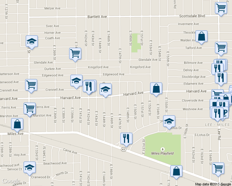 map of restaurants, bars, coffee shops, grocery stores, and more near 14623 Harvard Avenue in Cleveland