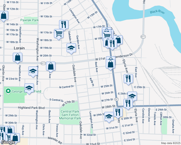 map of restaurants, bars, coffee shops, grocery stores, and more near 2235 Lexington Avenue in Lorain