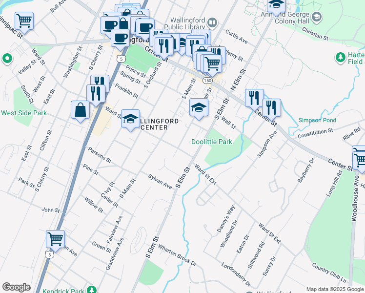 map of restaurants, bars, coffee shops, grocery stores, and more near 398 Ward Street in Wallingford