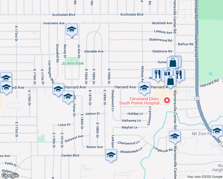 map of restaurants, bars, coffee shops, grocery stores, and more near 18902 Harvard Avenue in Cleveland