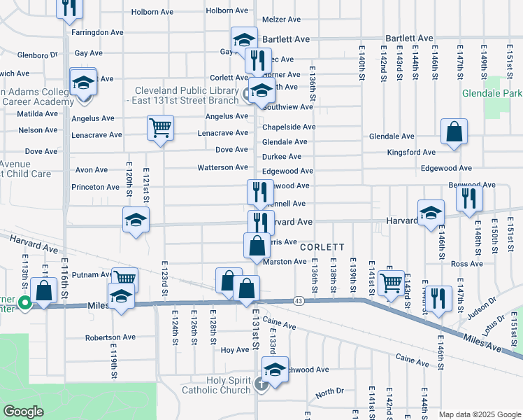 map of restaurants, bars, coffee shops, grocery stores, and more near 4017 East 131st Street in Cleveland