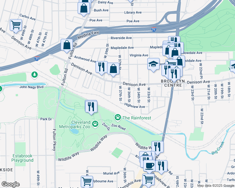 map of restaurants, bars, coffee shops, grocery stores, and more near 3870 West 37th Street in Cleveland