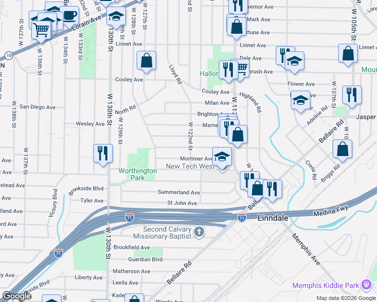 map of restaurants, bars, coffee shops, grocery stores, and more near 12113 Kensington Avenue in Cleveland