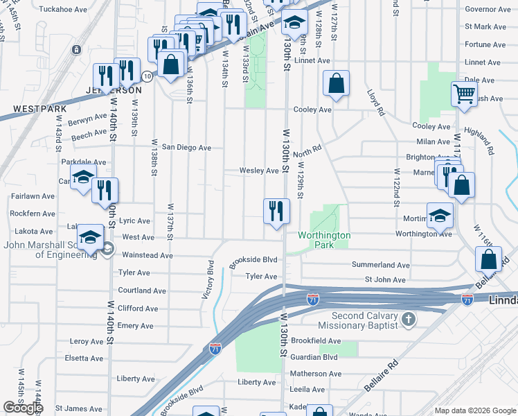 map of restaurants, bars, coffee shops, grocery stores, and more near 3854 West 132nd Street in Cleveland