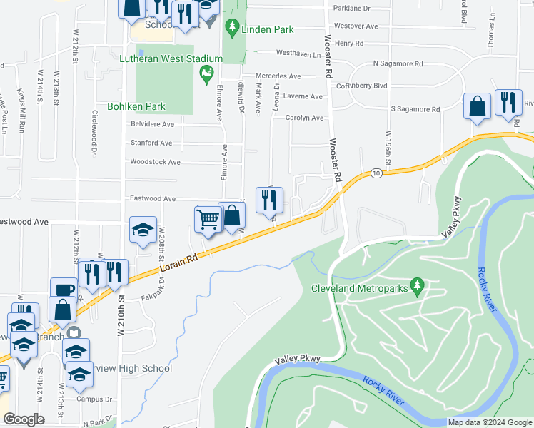 map of restaurants, bars, coffee shops, grocery stores, and more near 4392 West 202nd Street in Fairview Park