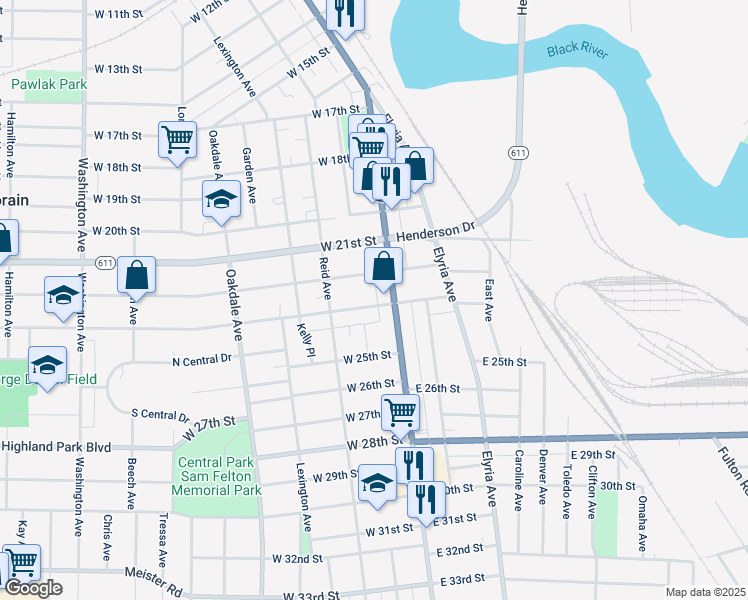 map of restaurants, bars, coffee shops, grocery stores, and more near 124 West 23rd Street in Lorain