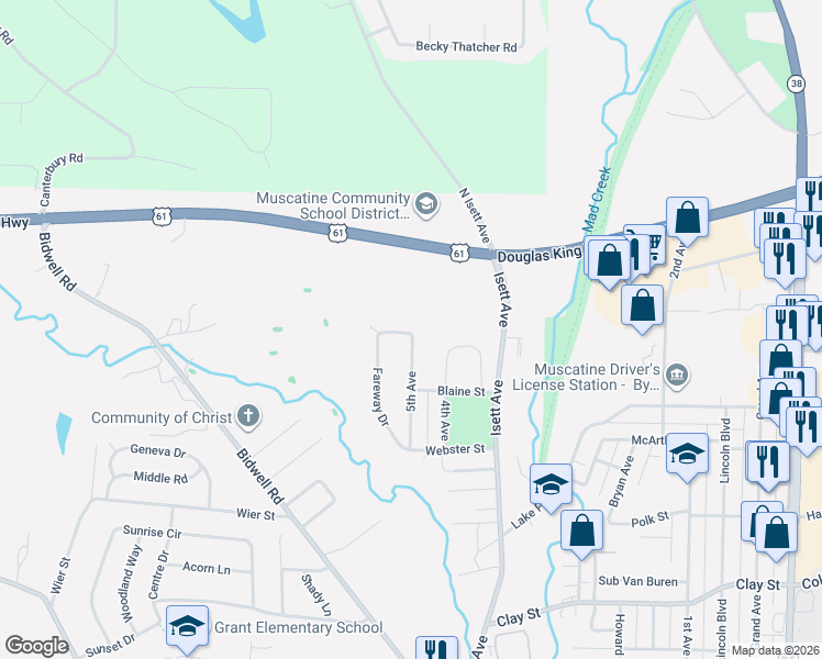 map of restaurants, bars, coffee shops, grocery stores, and more near 1203 Kirstin Court in Muscatine