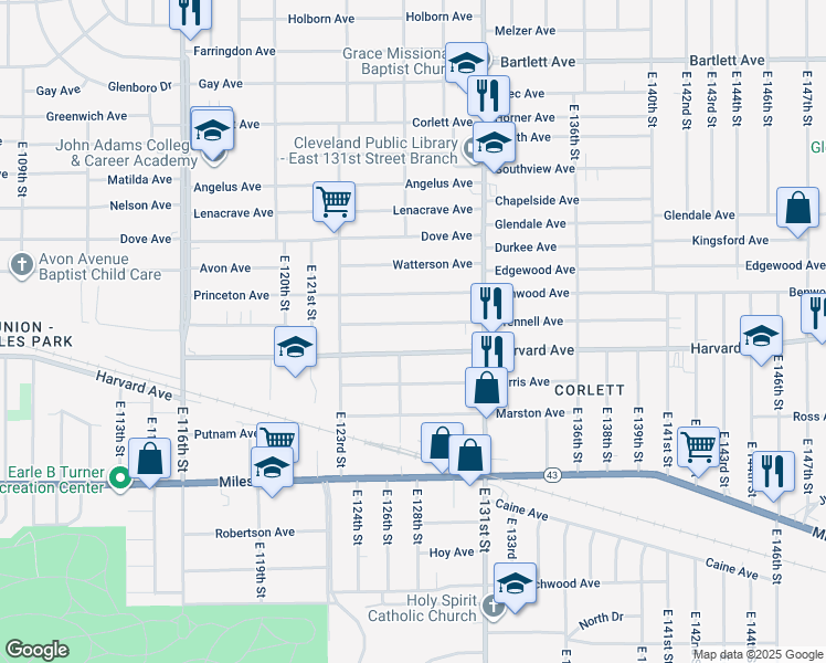 map of restaurants, bars, coffee shops, grocery stores, and more near 12710 Crennell Ave in Cleveland