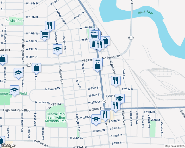 map of restaurants, bars, coffee shops, grocery stores, and more near 124 West 23rd Street in Lorain