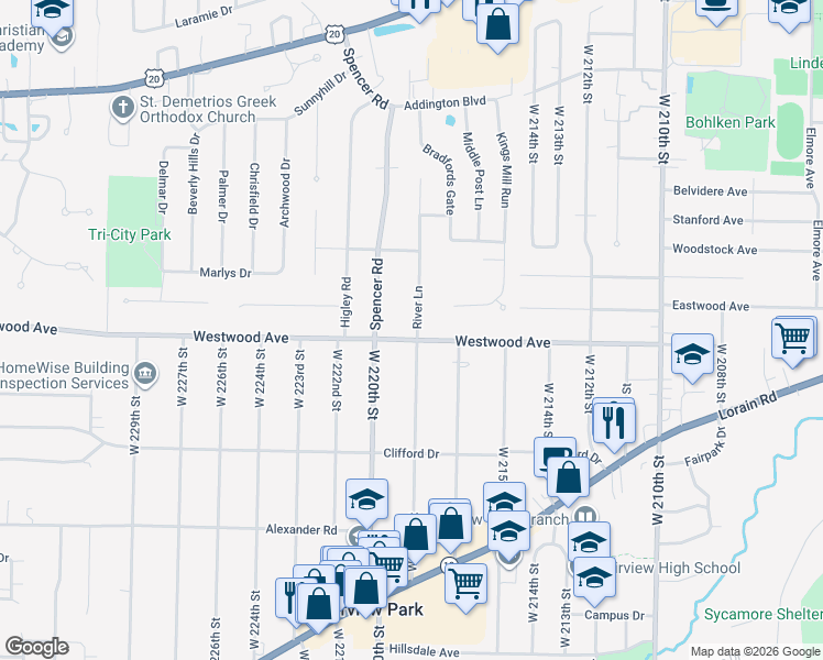 map of restaurants, bars, coffee shops, grocery stores, and more near 21920 Westwood Road in Fairview Park