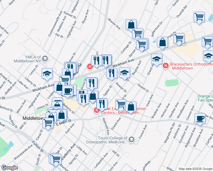 map of restaurants, bars, coffee shops, grocery stores, and more near 74-1/2 Montgomery Street in Middletown