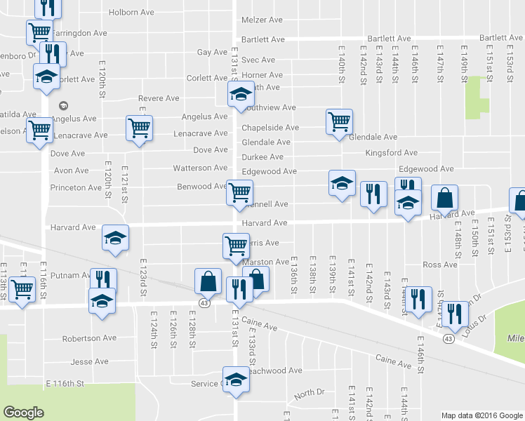 map of restaurants, bars, coffee shops, grocery stores, and more near 13302 Crennell Ave in Cleveland