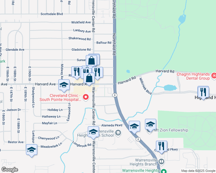 map of restaurants, bars, coffee shops, grocery stores, and more near 20612 Harvard Ave in Highland Hills