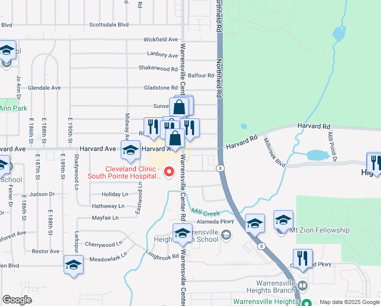 map of restaurants, bars, coffee shops, grocery stores, and more near 20406 Harvard Avenue in Highland Hills