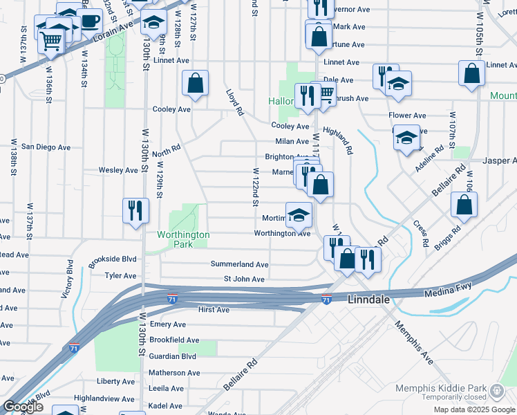 map of restaurants, bars, coffee shops, grocery stores, and more near 12113 Kensington Ave in Cleveland