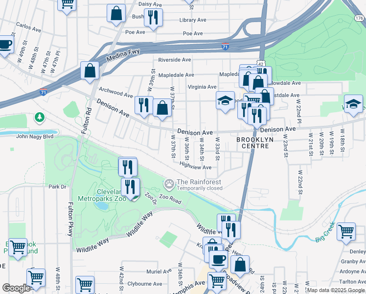 map of restaurants, bars, coffee shops, grocery stores, and more near 3874 West 36th Street in Cleveland