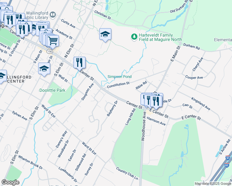 map of restaurants, bars, coffee shops, grocery stores, and more near 740 Center Street in Wallingford
