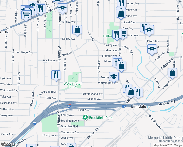 map of restaurants, bars, coffee shops, grocery stores, and more near 12309 Kensington Avenue in Cleveland