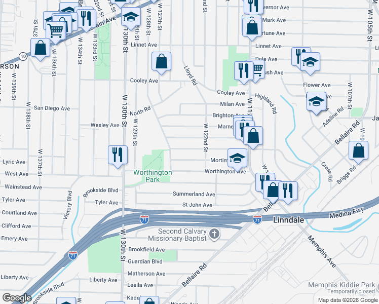 map of restaurants, bars, coffee shops, grocery stores, and more near 12309 Kensington Avenue in Cleveland