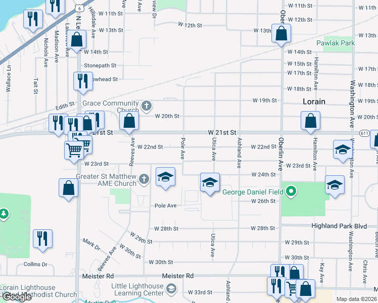map of restaurants, bars, coffee shops, grocery stores, and more near 1619 West 22nd Street in Lorain