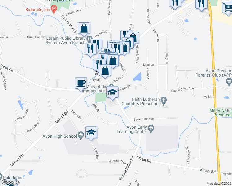 map of restaurants, bars, coffee shops, grocery stores, and more near 2661 Stoney Ridge Road in Avon