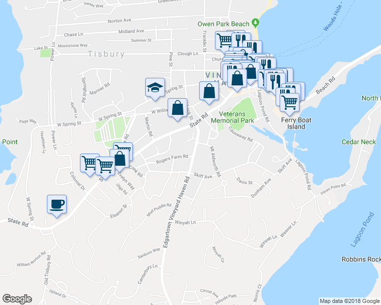 map of restaurants, bars, coffee shops, grocery stores, and more near 65 Edgartown Vineyard Haven Rd in Tisbury