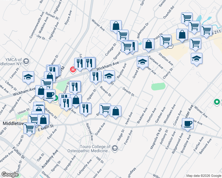 map of restaurants, bars, coffee shops, grocery stores, and more near 62 Beattie Avenue in Middletown