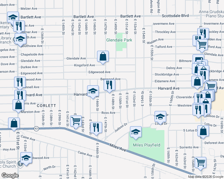 map of restaurants, bars, coffee shops, grocery stores, and more near 14721 Harvard Avenue in Cleveland