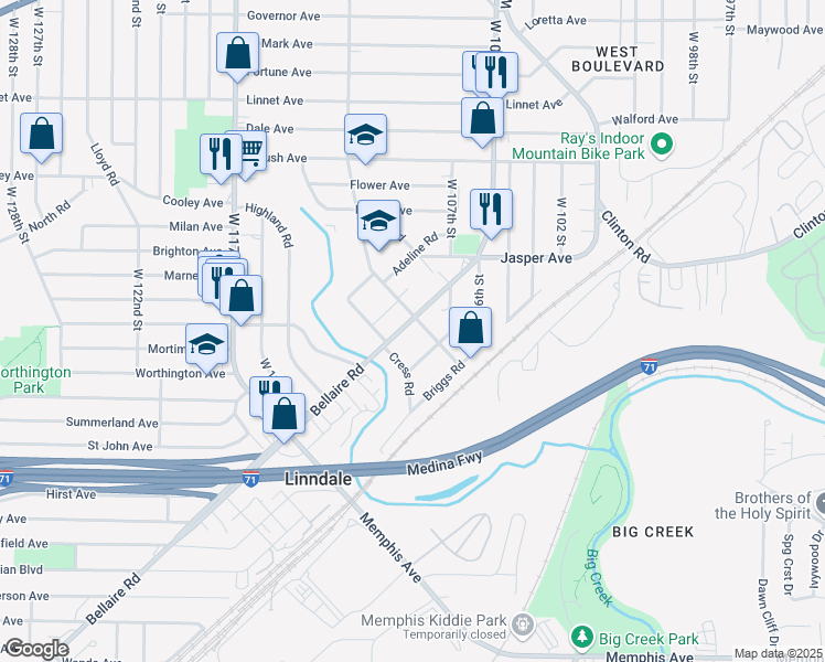 map of restaurants, bars, coffee shops, grocery stores, and more near 10807 Bellaire Road in Cleveland