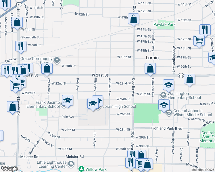 map of restaurants, bars, coffee shops, grocery stores, and more near 1417 West 22nd Street in Lorain