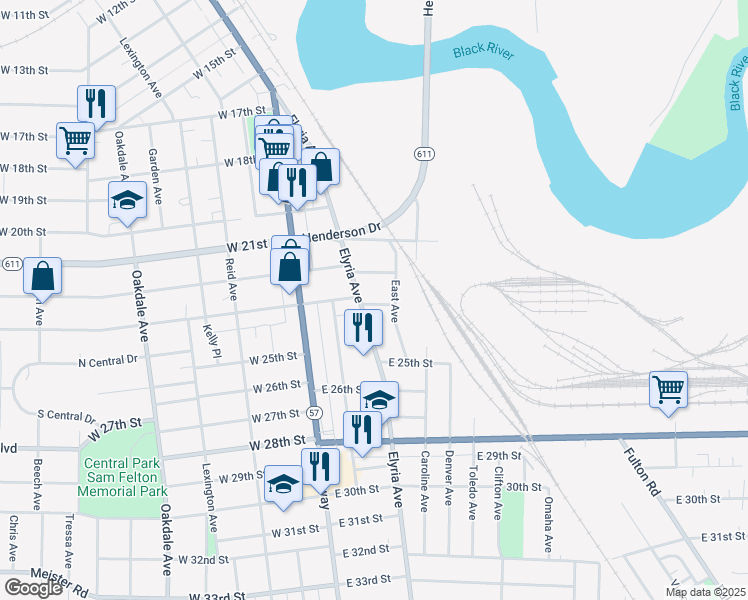 map of restaurants, bars, coffee shops, grocery stores, and more near 303 East 23rd Street in Lorain