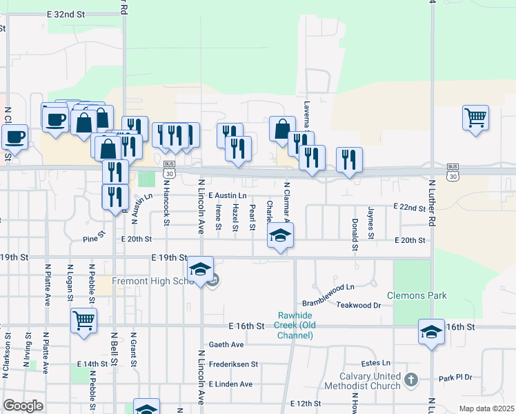 map of restaurants, bars, coffee shops, grocery stores, and more near 2115 Charles Street in Fremont