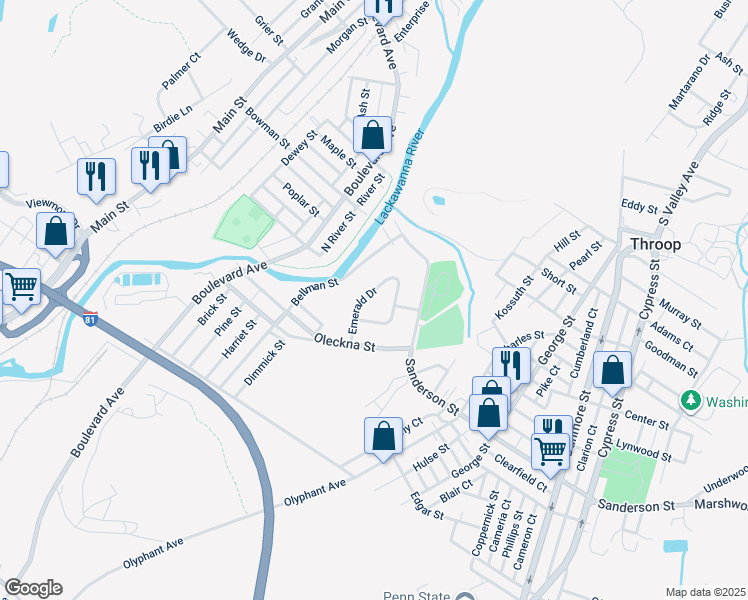 map of restaurants, bars, coffee shops, grocery stores, and more near 19 Emerald Drive in Throop