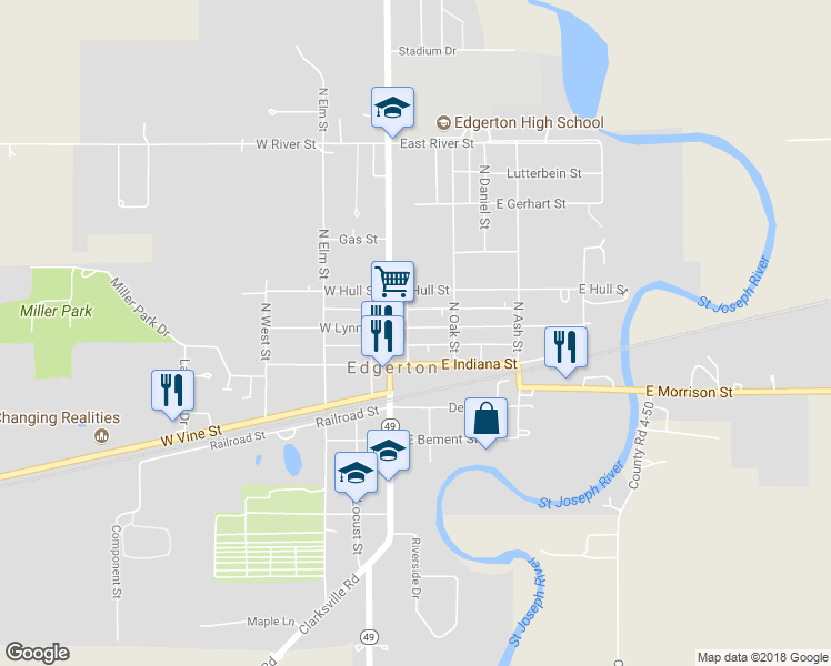 map of restaurants, bars, coffee shops, grocery stores, and more near 114 East Lynn Street in Edgerton
