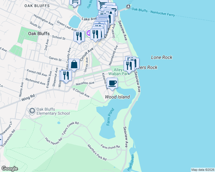 map of restaurants, bars, coffee shops, grocery stores, and more near 5 Acushnet Avenue in Oak Bluffs