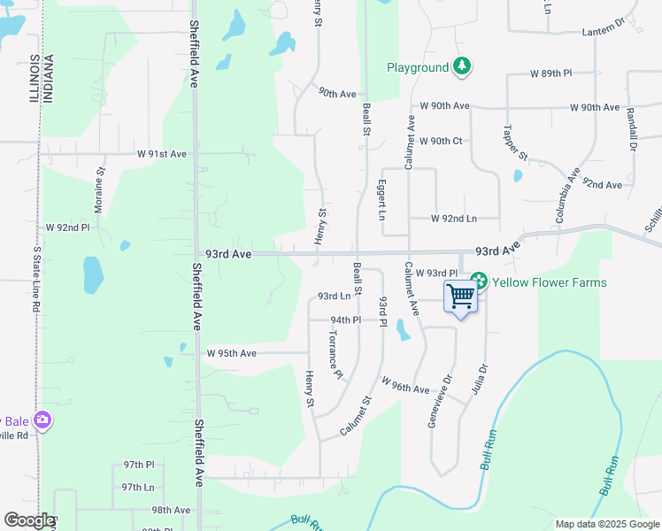 map of restaurants, bars, coffee shops, grocery stores, and more near 14657 93rd Avenue in Dyer