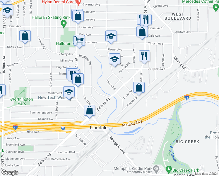 map of restaurants, bars, coffee shops, grocery stores, and more near 3754 Cress Road in Cleveland