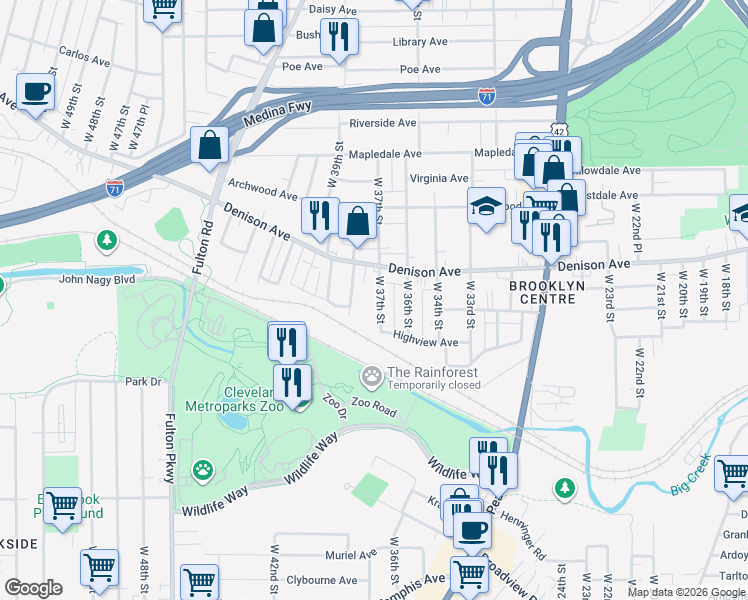 map of restaurants, bars, coffee shops, grocery stores, and more near 3870 West 37th Street in Cleveland
