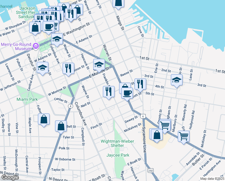 map of restaurants, bars, coffee shops, grocery stores, and more near 916 Franklin Street in Sandusky
