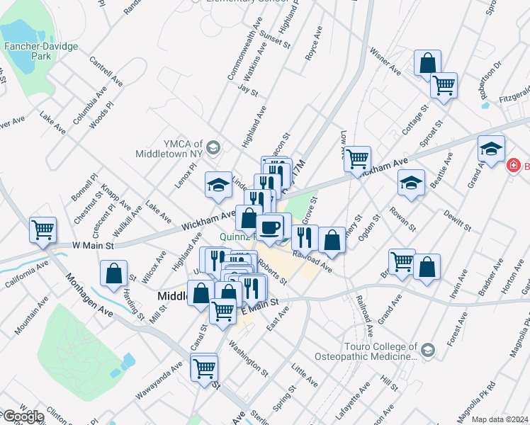 map of restaurants, bars, coffee shops, grocery stores, and more near 136 North Street in Middletown