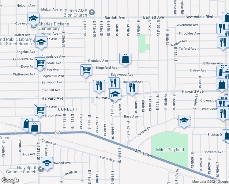 map of restaurants, bars, coffee shops, grocery stores, and more near 14401 Harvard Avenue in Cleveland