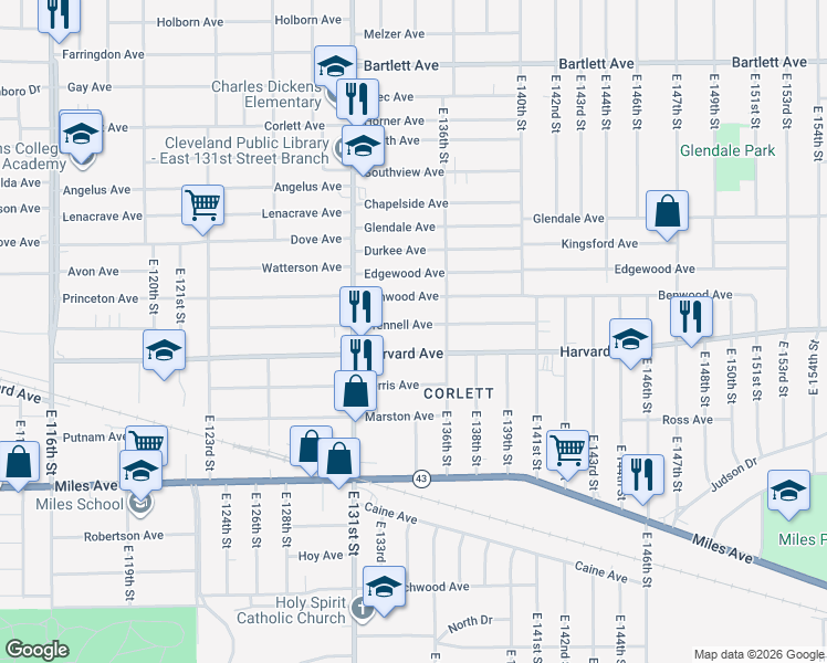 map of restaurants, bars, coffee shops, grocery stores, and more near 13302 Crennell Avenue in Cleveland